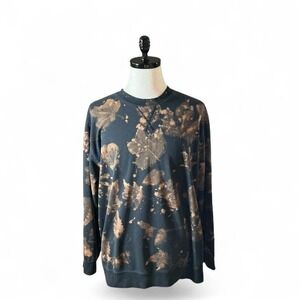 American Fusion Black Leaf Print Bleach Dye Sweatshirt XL Distressed Grunge